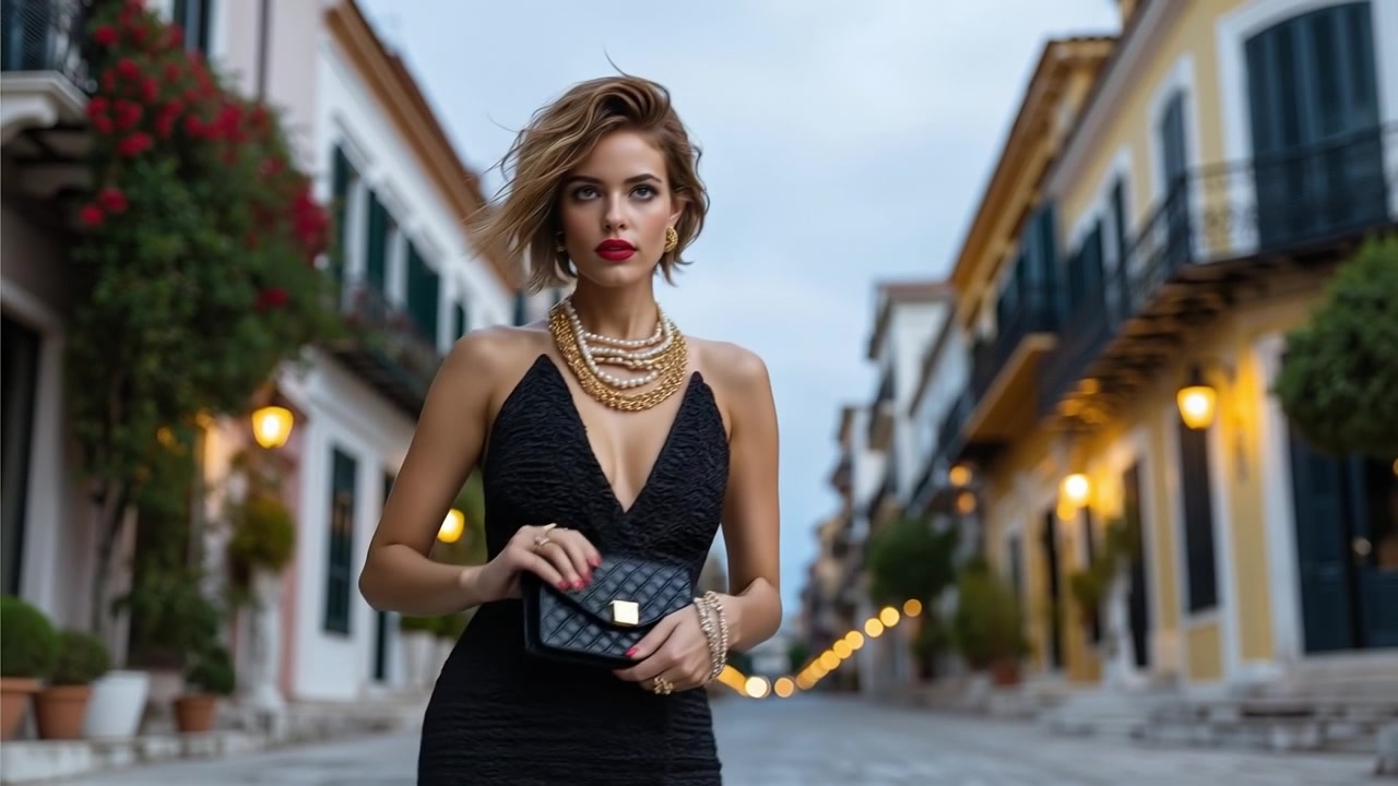 Donna elegante in abito nero e gioielli d'oro che cammina per una pittoresca strada europea al crepuscolo.