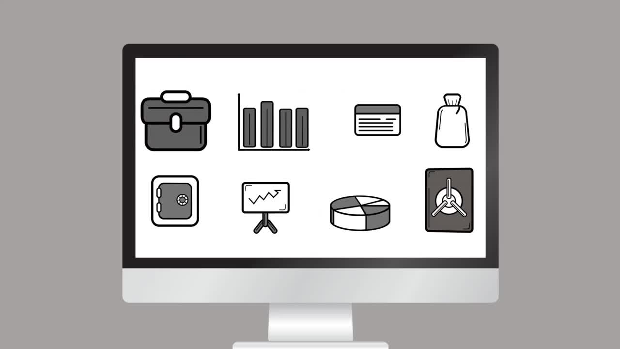 animación de una pantalla de computadora que muestra iconos sociales sobre un fondo blanco