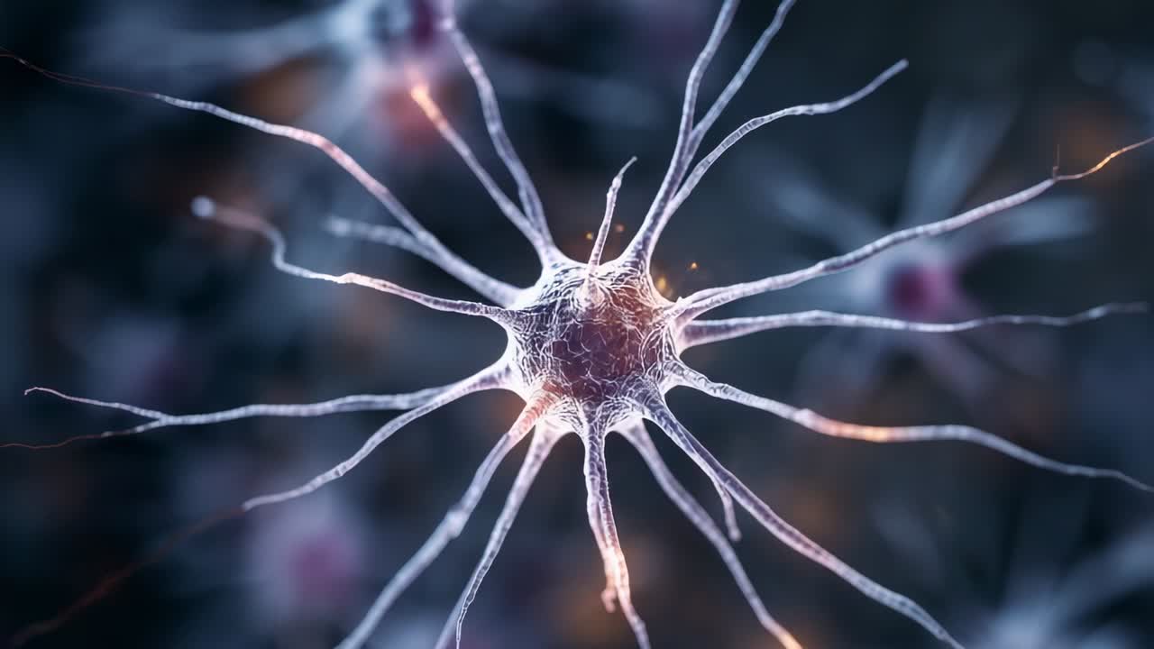 Igniting small orange bursts near soma, pulsing central neuron along dendrites in 3D brain network