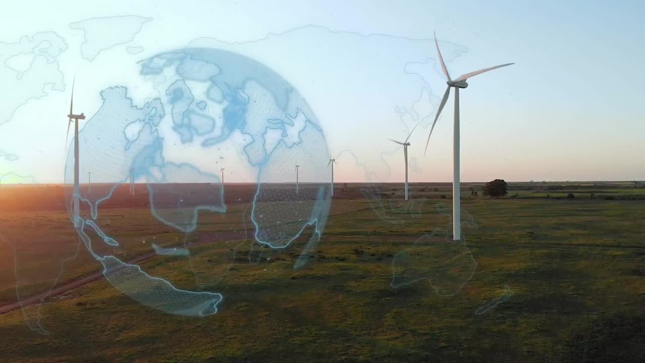 animación del globo sobre las turbinas eólicas en el campo