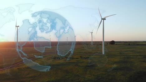 animation of globe over wind turbines in countryside