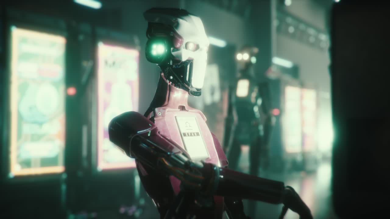 robot schiavo rosso che guarda la tv mentre un robot blu gli cammina dietro al rallentatore