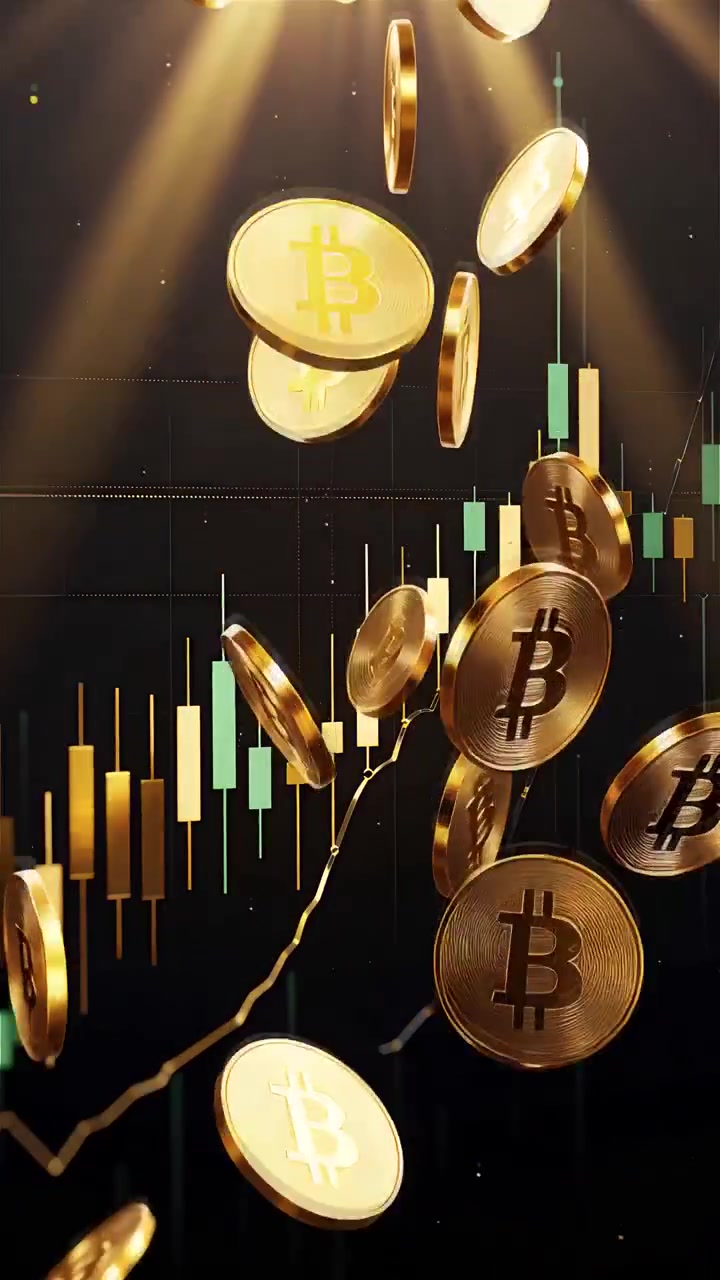 Monete Bitcoin dorate con sfondo sfocato di grafico a candele 4K.