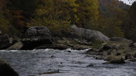 static shot of a fast-flowing section of the river gorge with autumnal trees behind