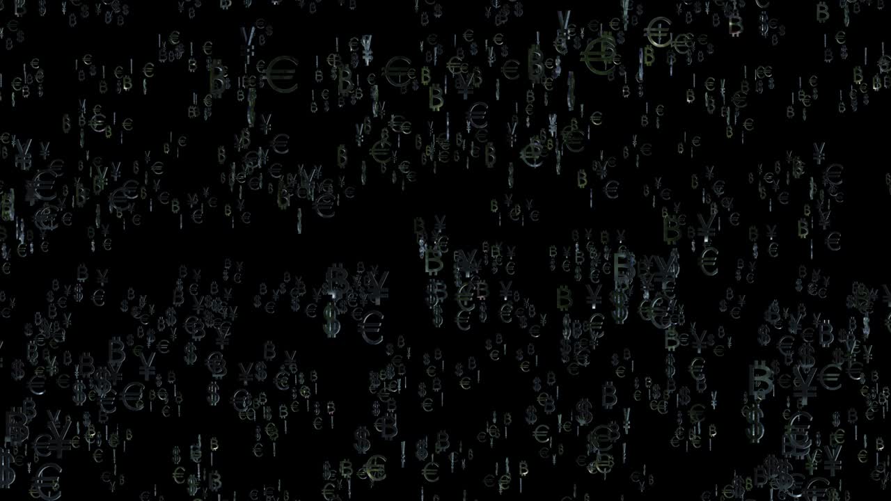 세계 화폐의 빛나는 상징의 추상적인 모션 배경: 달러, 유로, 엔, 비트코인.