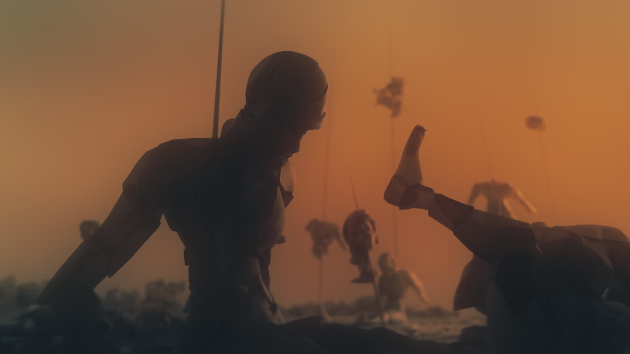 Destroyed andorids on a junkyard in yellow light