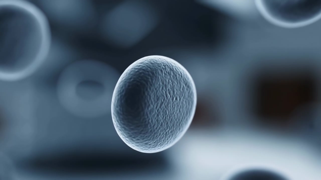 Abstract close-up of a translucent bluish sphere near the lower center, surrounded by softly blurred floating spheres against a dark background with cool