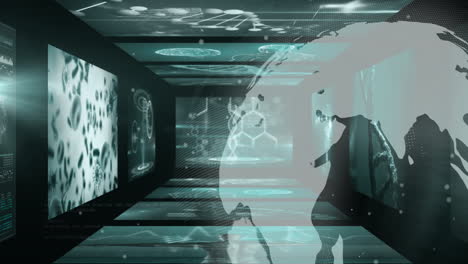 animation of digital globe overlay showing scientific data and molecular structures in room