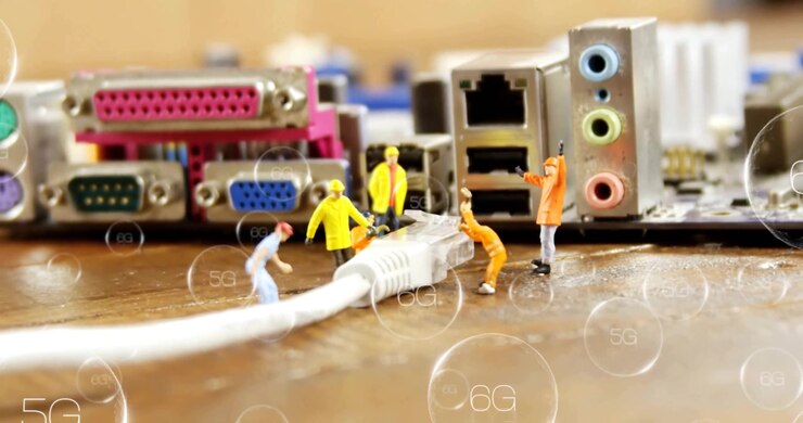Animation of 6g text, digital data processing and figurines over computer server