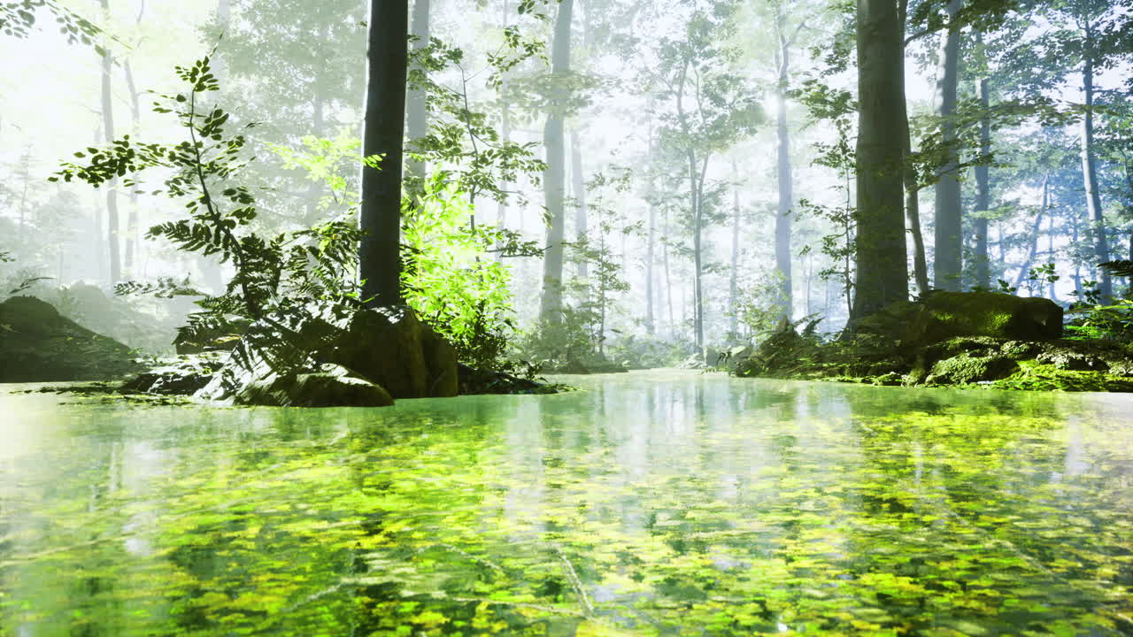 Serene forest landscape with tranquil water reflections and lush greenery