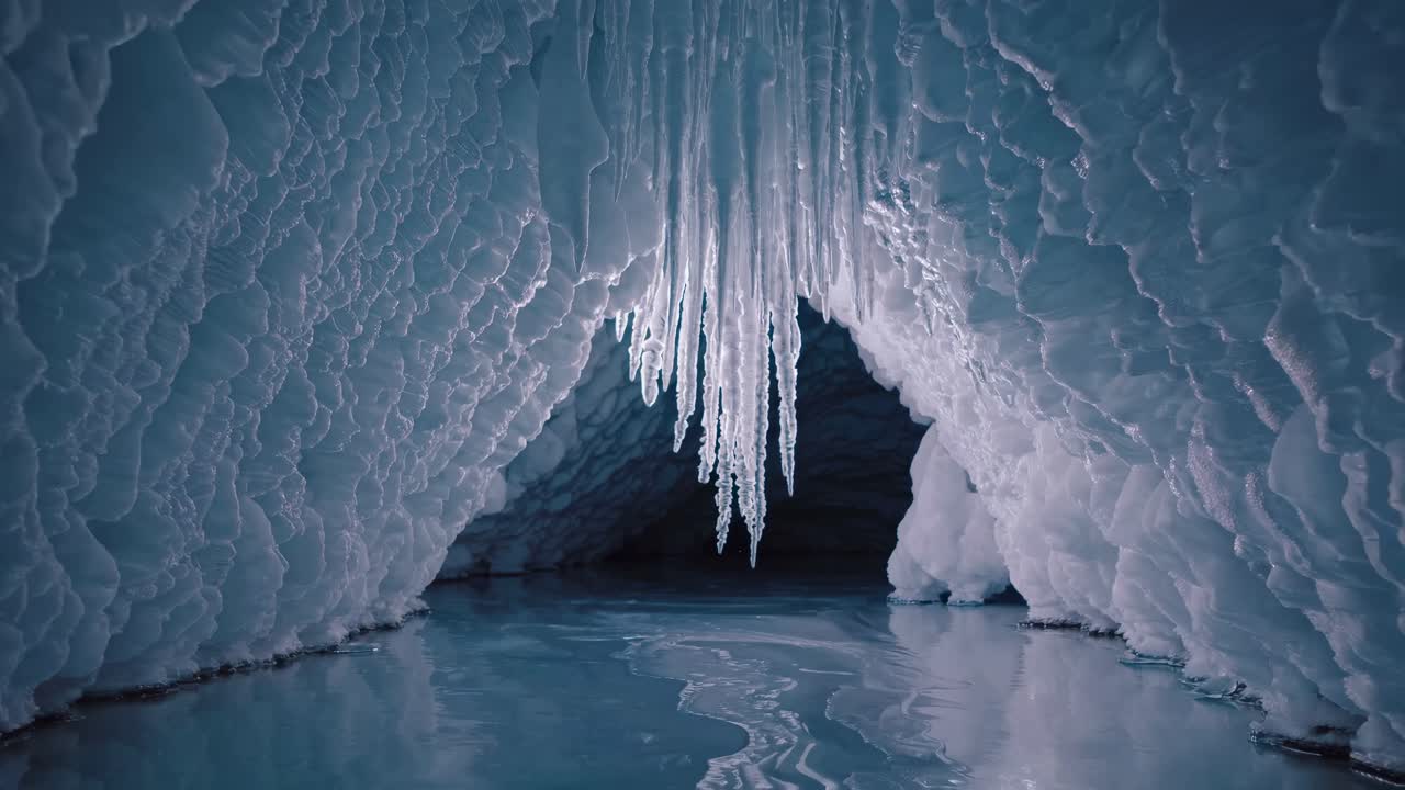 Wide-angle shot of an icy cave interior with stalactites, reflecting on a frozen floor