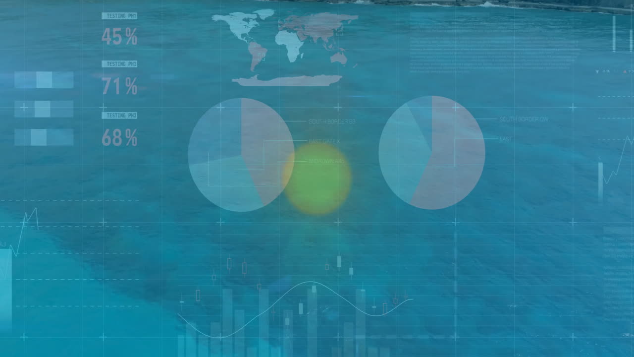 Creating animation with charts and graphs over ocean landscape background