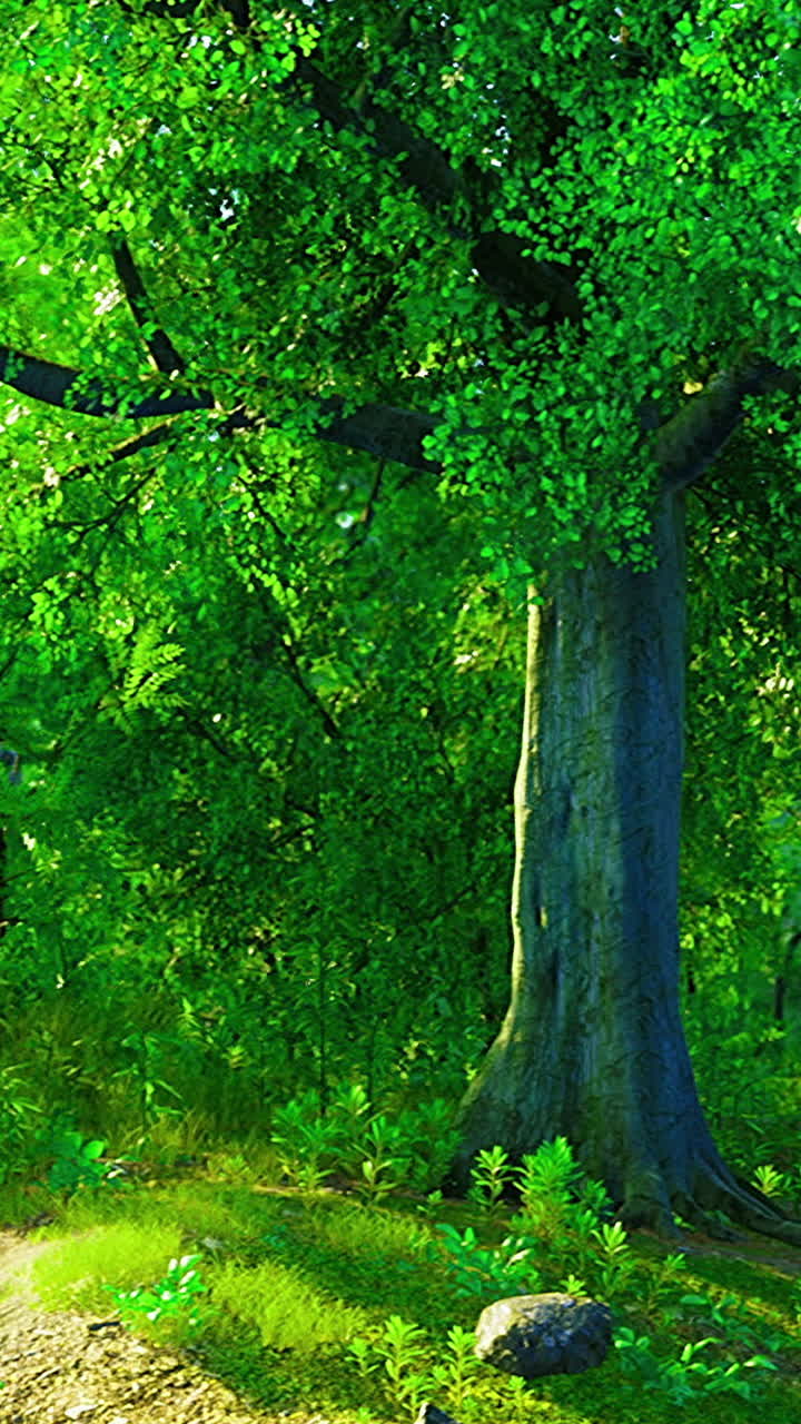 Sunlit green forest with lush vegetation in serene tranquility