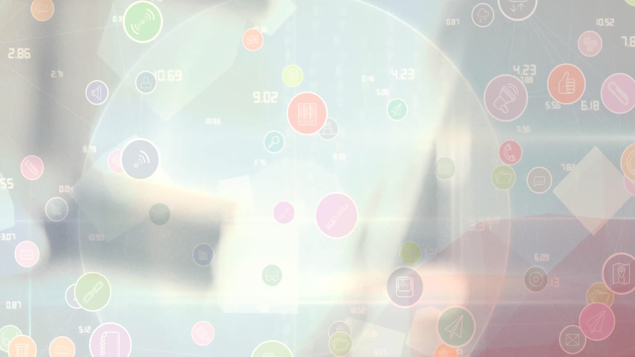 흐릿한 배경 위에 디지털 아이콘이 있는 지구의 애니메이션