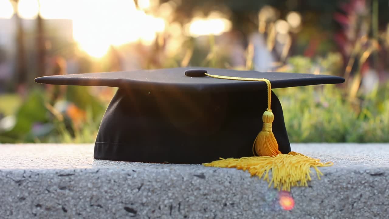 Inquadratura dal basso di un tocco di laurea su un davanzale in pietra, con luce solare sullo sfondo, in stile video.