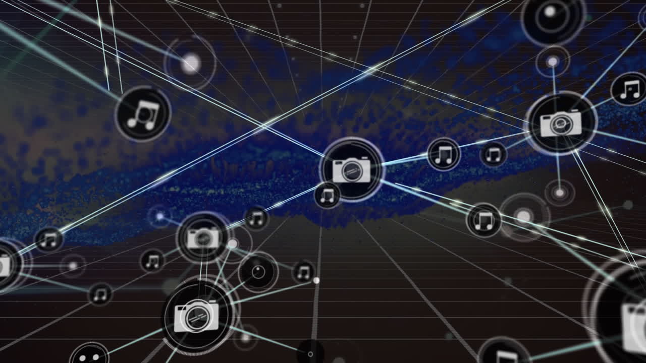 Animation of network of connections with icons and data processing over grid