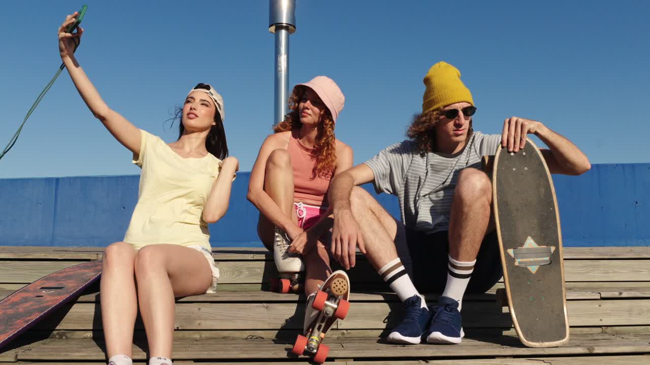 Group of friends with skateboards taking a selfie