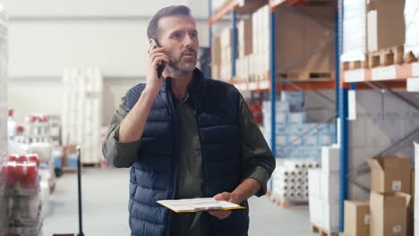 trabajador de almacén caucásico usando teléfono móvil