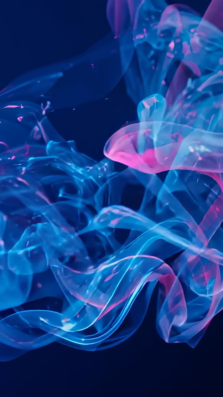 Vídeo vertical: cintas de color azul neón que empiezan a girar en el vacío y ondas rosas que se fusionan formando arte fluido