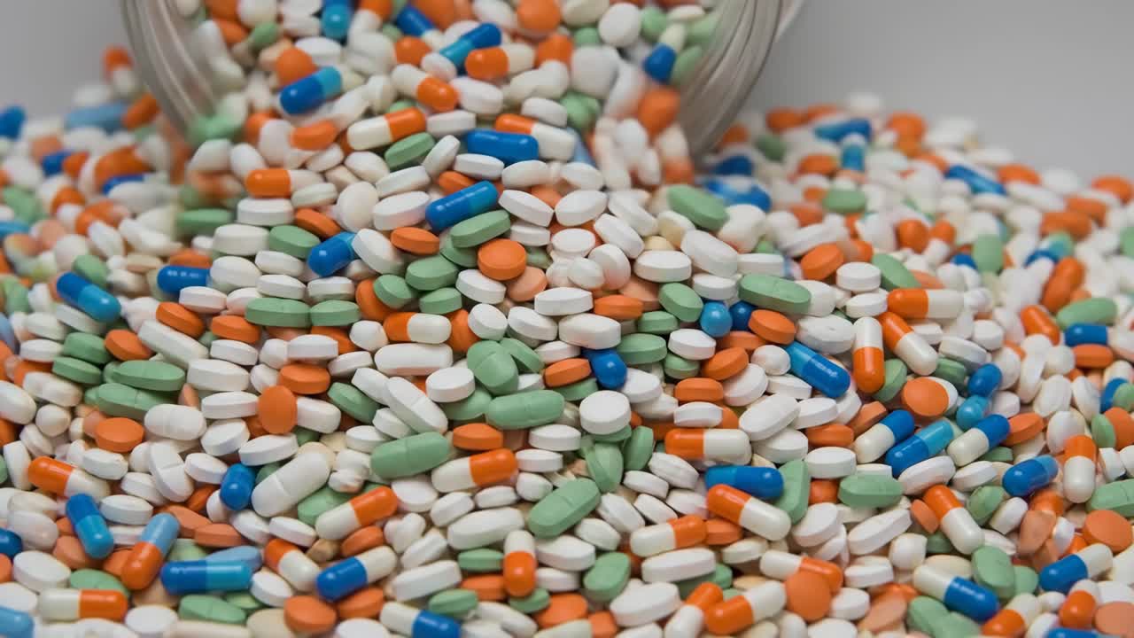 Colorful Pills and Capsules Spilling from a Glass Jar