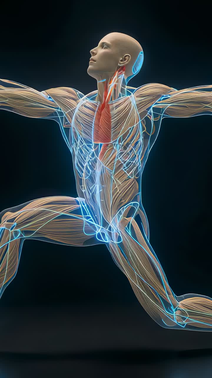 Vertical video: Light pulse sparking model lunging rotating in studio showing red lungs blue nerves
