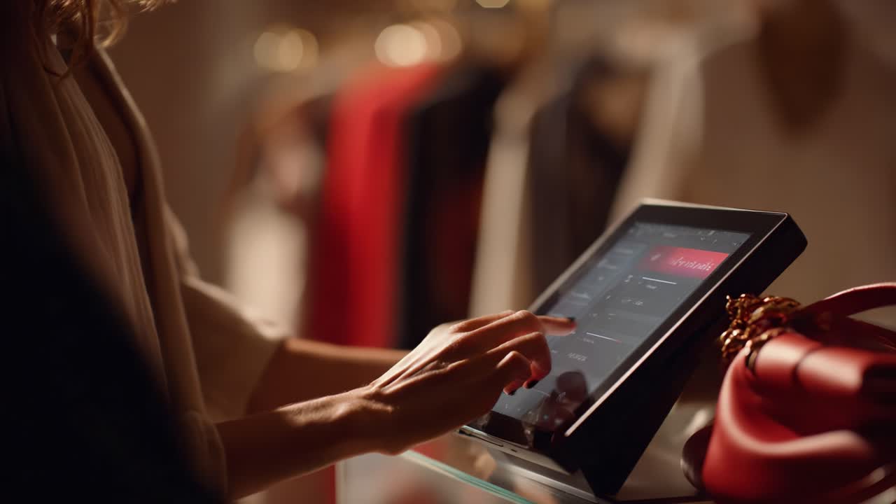 A stylish interaction in fashion retail, showcasing a hand using a digital tablet, navigating a sleek interface, with a chic handbag displayed nearby in an elegant store environment