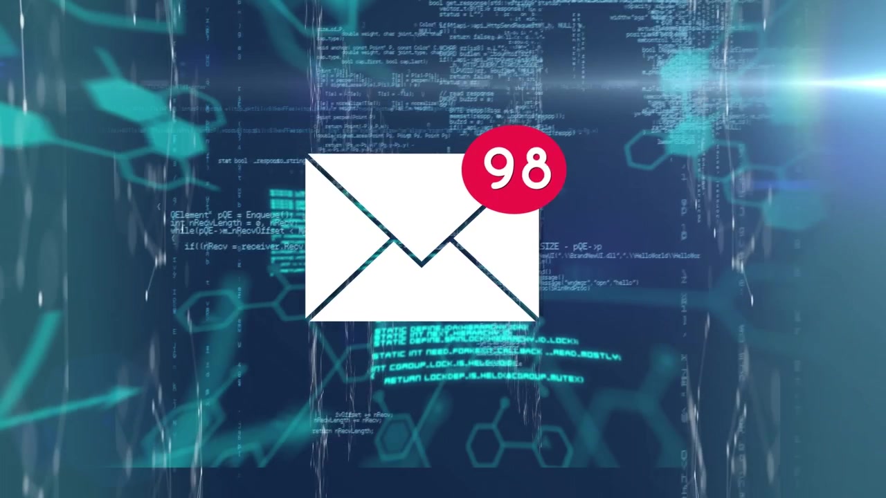 Animasjon av e-post over databehandling på marineblå bakgrunn.