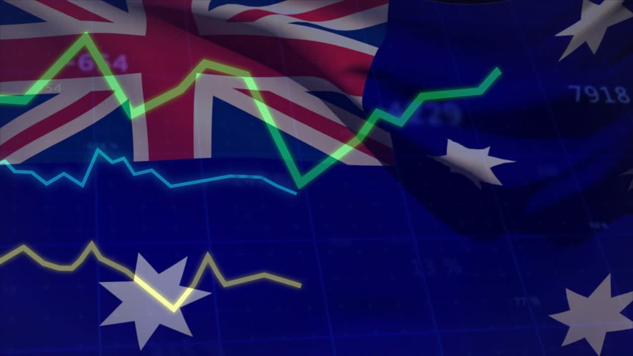 Stylized Australian flag waving, green line sparking colored graphs moving, showing market trends