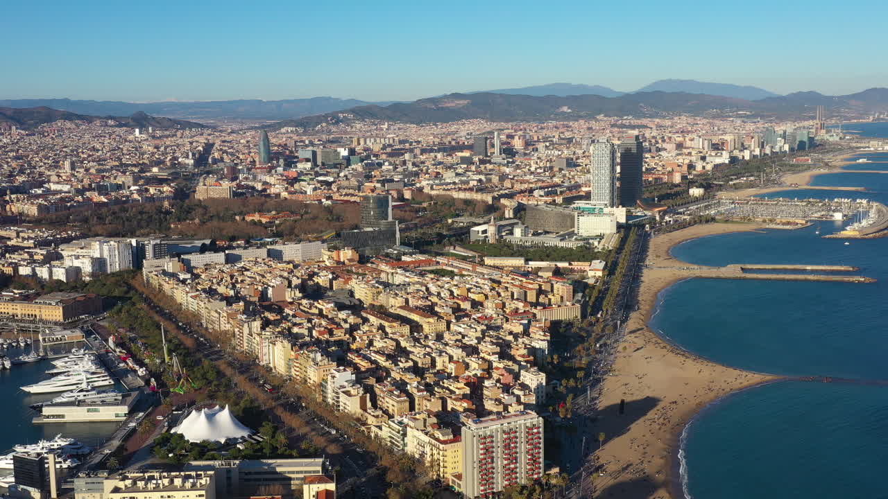 Barceloneta neighborhood aerial view Barcelona Spain aerial sunset view sunny