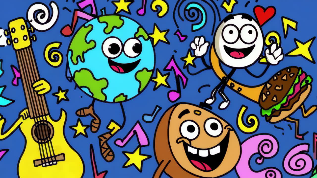 Whimsical Cartoon Illustration of Music and Happy Characters