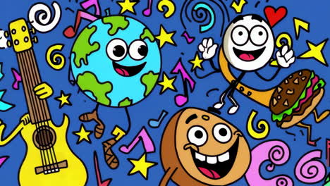 whimsical cartoon illustration of music and happy characters