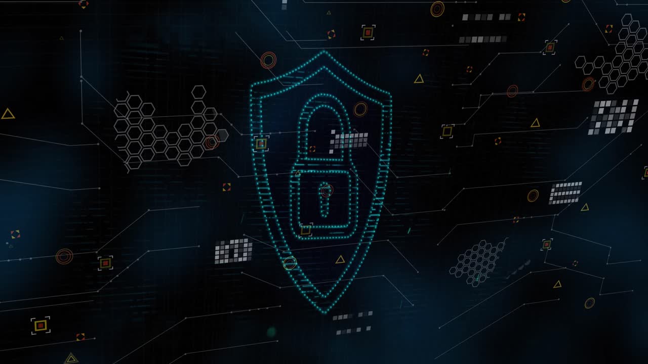 Animation of shield with padlock icon and data processing on black background