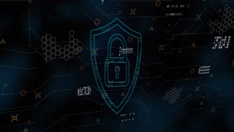 animation of shield with padlock icon and data processing on black background