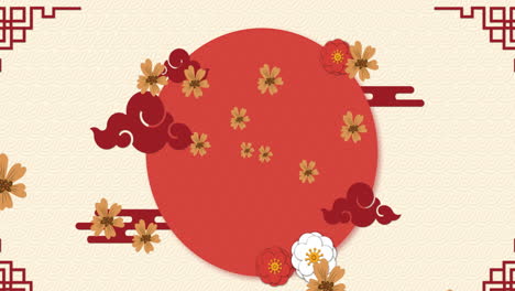 animación de decoraciones tradicionales chinas y círculo sobre fondo crema