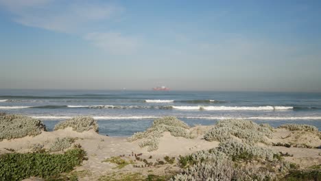 Buque-De-Carga-En-El-Océano-Frente-A-La-Playa-De-Arena-Con-Arbustos-Suculentos-Bajos-En-Las-Dunas