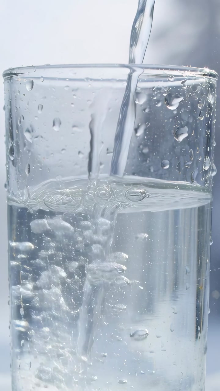 Vertical video: Pouring thin stream above to fill tall glass on counter, forming bubbles and drops