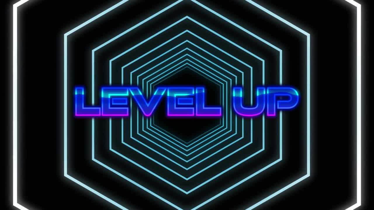 efecto de falla sobre el nivel de ganancia de texto contra hexágonos azules movimiento sin fisuras en fondo negro