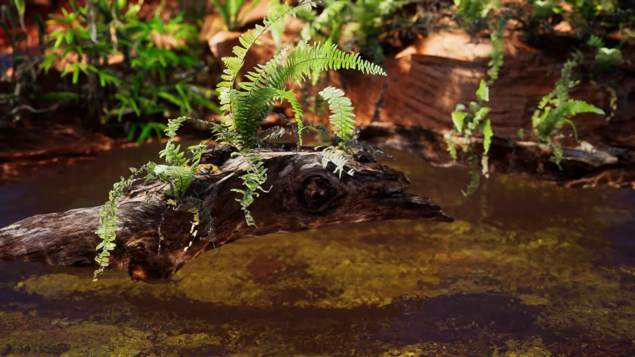 바위 와 초록색 식물 이 있는 열대적 인 금색 연못