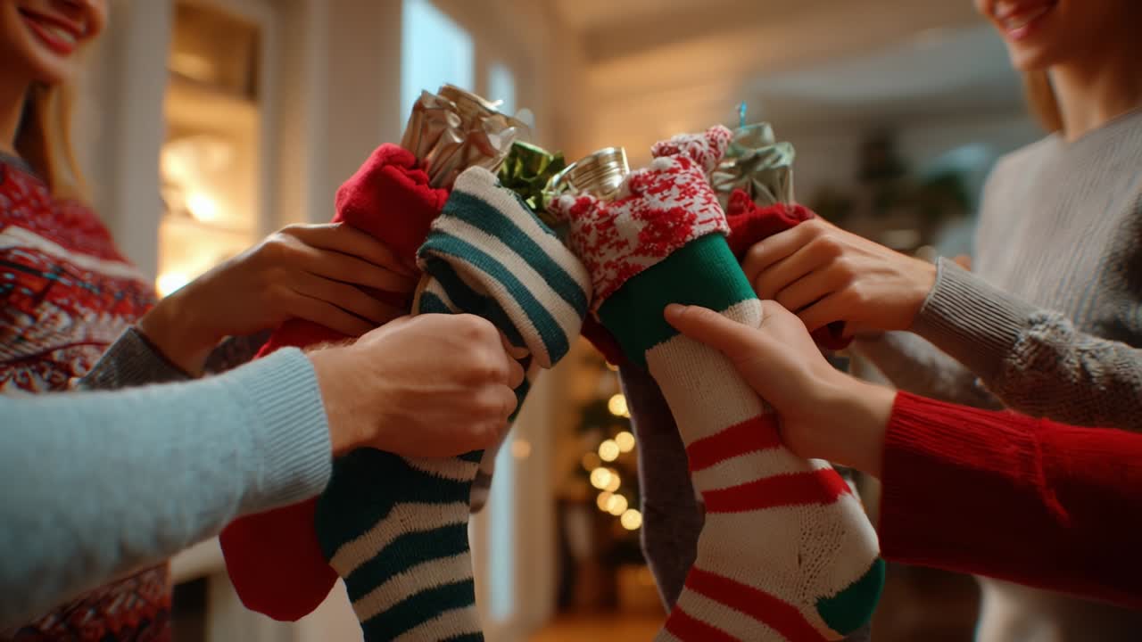 A joyful gathering featuring friends sharing festive stockings filled with gifts and holiday cheer, capturing the essence of togetherness and celebration during the Christmas season
