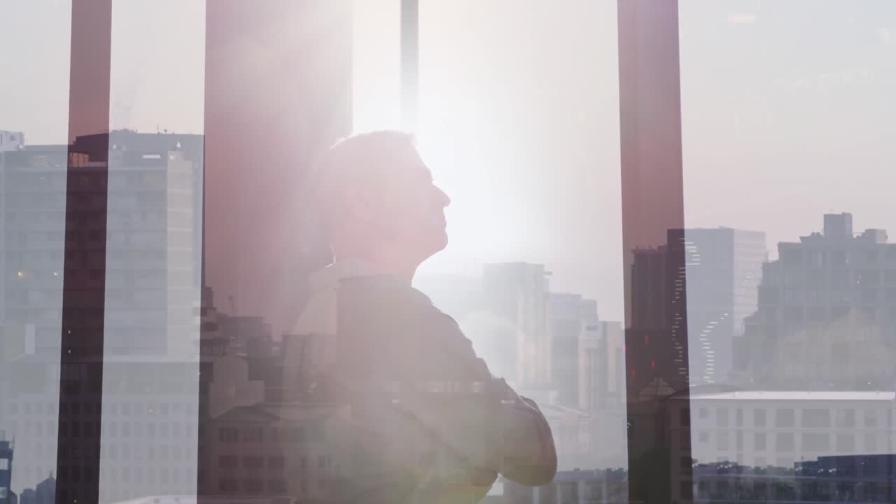 animación del paisaje urbano sobre el empresario caucásico en el cargo