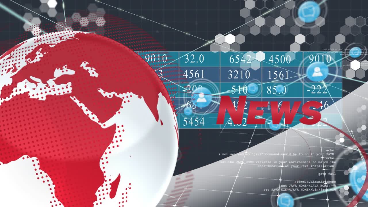 Animação de texto de notícias, globo, processamento de dados e rede de conexões.