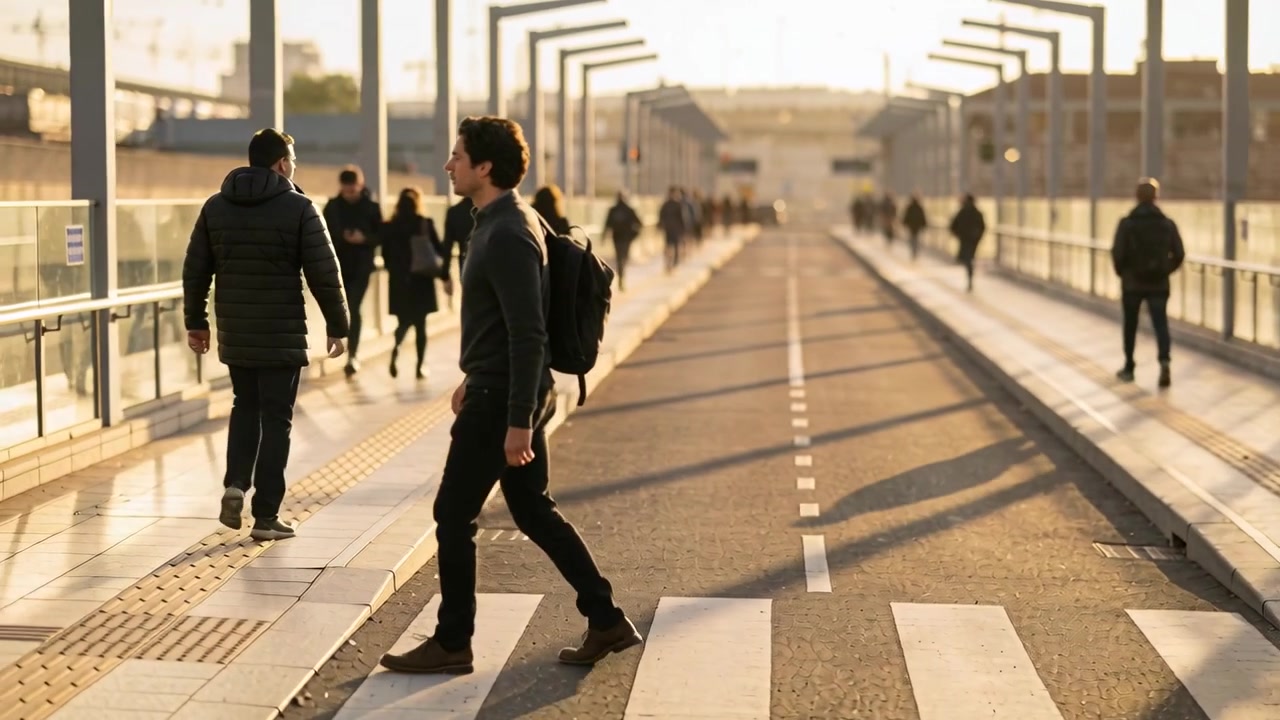 Stepping man with backpack crossing zebra bridge glancing pausing at tactile paving heading to hub