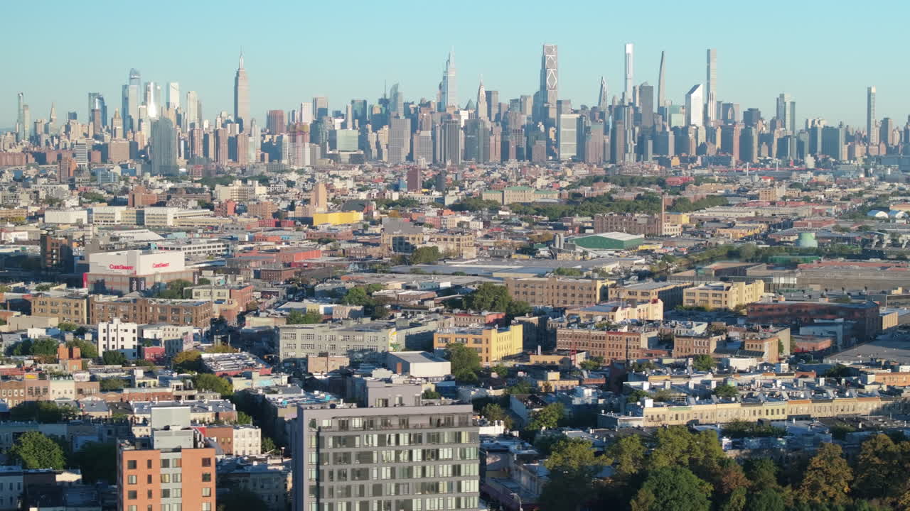 Aerial view of the New York City skyline. Shot on an Autumn morning in Brooklyn.