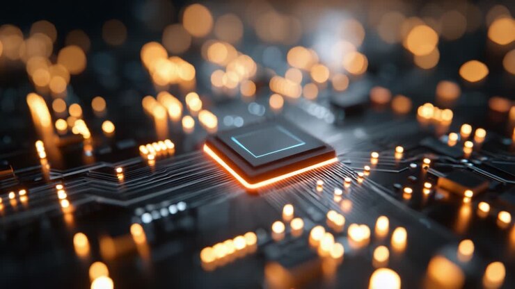 Fængslende nærbillede af en mikroprocessor på et printkort, belyst af ambient lys, fremhæver detaljerne i moderne teknologi og digital forbindelse