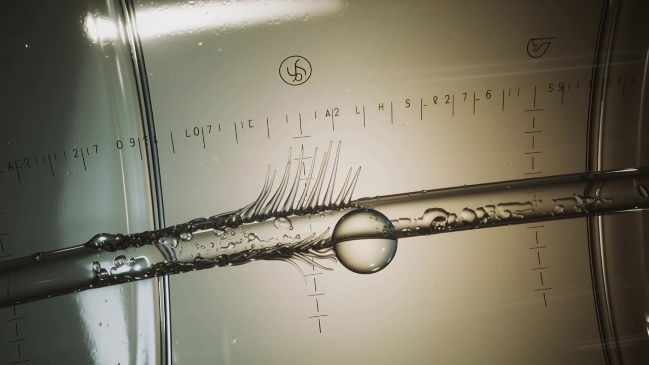 Forming spikes causing round bubble sliding right along lower rod in lab, scale visible