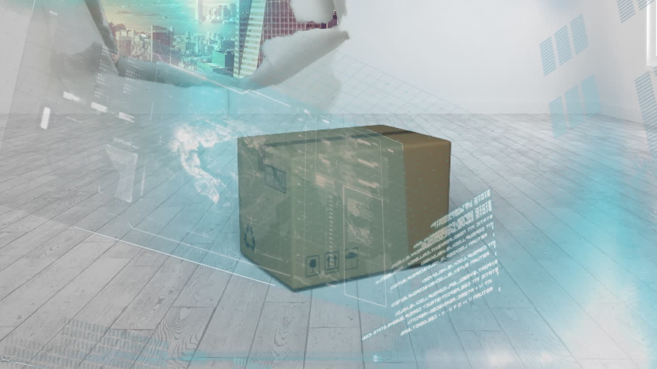interfaz digital con procesamiento de datos sobre caja de entrega en superficie de madera contra el paisaje urbano
