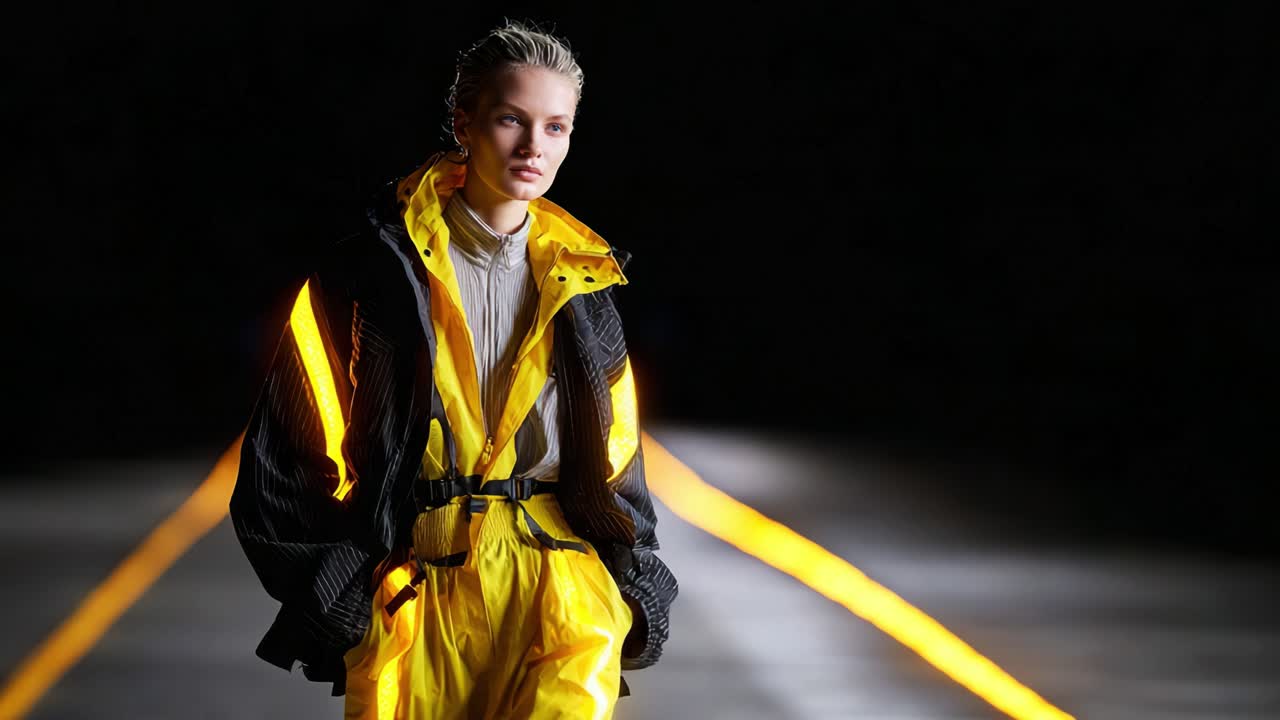 Un modello straordinario presenta una vivace moda gialla e nera in un ambiente suggestivo, illuminato da luci al neon che esaltano l'estetica contemporanea della passerella.