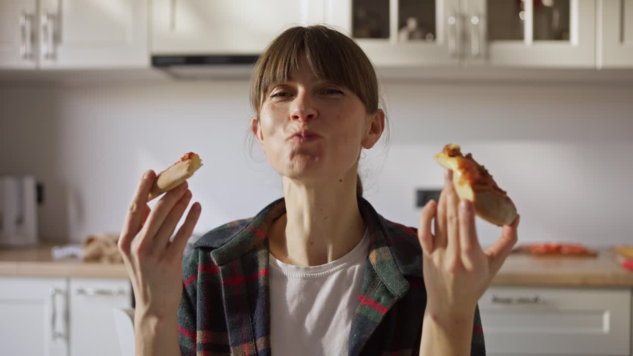 Woman eating pizza in kitchen