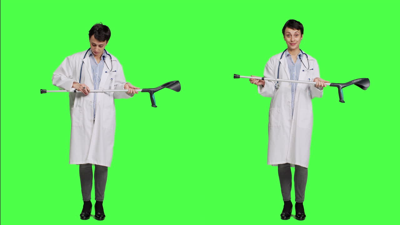 여성 의사가 골절의 경우 이동을 돕기 위해 사용하는 기둥을 보여줍니다.