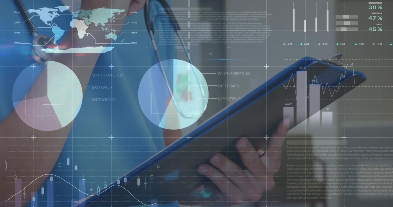 Animation of financial graphs and data over midsection of caucasian male doctor making notes